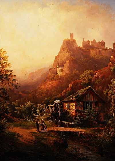 AUGUST, J., DATIERT (18)78, PERSONEN VOR EINER MüHLE, IM HINTERGRUND BURGANLAGE AUF DEM BERG, ÖL/LWD, MITTIG UNTEN ...