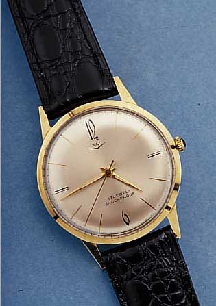 DUROWE HERRENARMBANDUHR, DEUTSCHL. UM 1966, 585ER GG, BOD. AUFGEDR., 17 ST. HANDAUFZ., KAL450, STOßSGES., LEDERB. EZ 1
