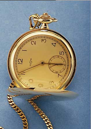 FESTA HERRENTASCHENUHR SAVONETTE, ALPINA, REF. NR. 2205, SCHWEIZ/DEUTSCHL. UM 1940, GG 585/000, ZWEIFARB. VERG. BL., METALLCüVETTE, ANKERW., 15 ...