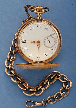 DÜRRSTEIN HERRENTASCHENUHR SAVONETTE, MONO- POL SCHWEIZ/DEUTSCHL. UM 1904, 585/000 RG, MONOGRAMMSPIEGELFREI, EMAILBL. FEINHAARR., ...