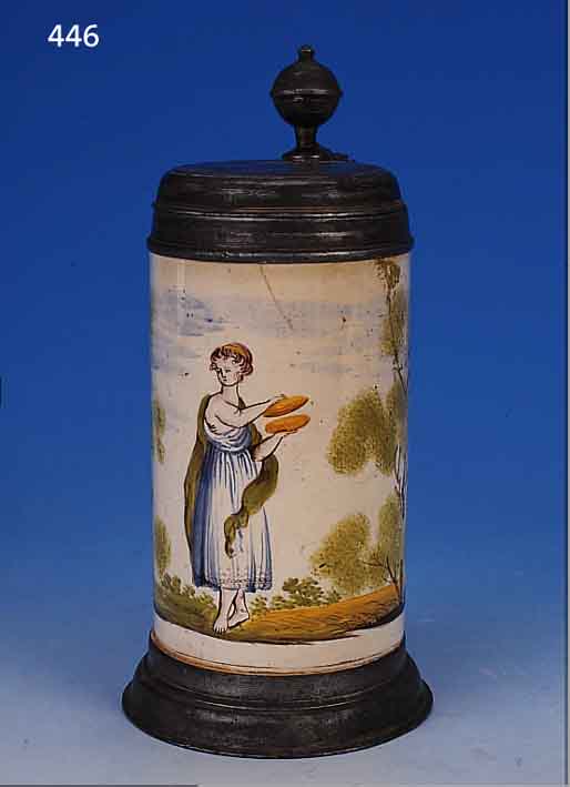 FAYENCEKRUG, THüRINGEN, UM 1770/80, FAYENCE, BEMALT, H. 25 CM, REST. UND HAARRIß, BEMALT, ...