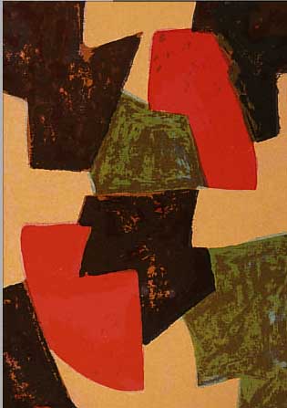POLIAKOFF, SERGE, 1900 MOSKAU-1969 PARIS, COMPOSITION VERTE, BEIGE, ROUGE ET BRUNE, FARBLITHOGRAPHIE AUF BüTTEN VON 1964, HAND- SIGNIERT ...