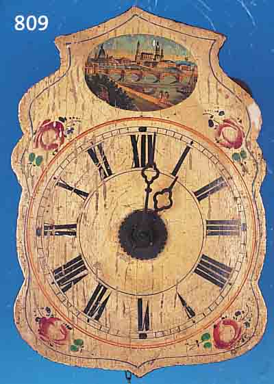 SCHILDERUHR MIT WECKER, SCHWARZWALD UM 1880/ 1900, FLORAL BEMALTES SCHILD IN SOG. BAROCK-FORM, IM GIEBEL STADTANSICHT, HOLZPLATINEN- WERK, 1 TüR ...