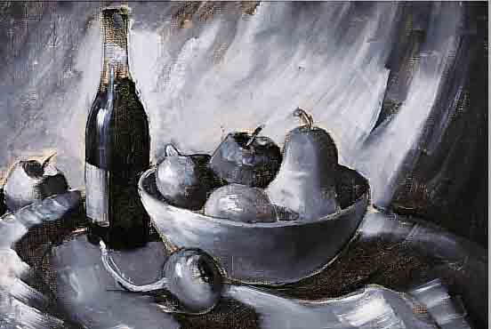 BELDER, RIENK HENDRIK, 1910-1986 AMSTERDAM, STILLEBEN MIT OBST UND WEINFLASCHE, IN GRAU UND SCHWARZTöNEN, RE. U. SIGN., CA. 60 X 80 CM, ...