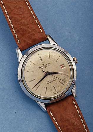 BREITLING HERRENARMBANDUHR UNIDATE AUTOMATIK, REF.-NR. 64/26, SCHWEIZ UM 1950, METALL VERCHROMT (BERIEBEN), EDELSTAHLBODEN AUFGEDR.,ORIG. BLATT ...