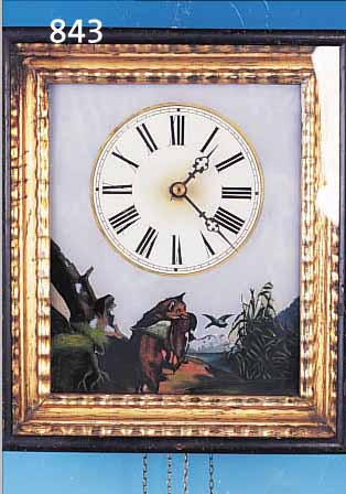 RAHMENUHR, SCHWARZWALD, UM 1870/1880, PROFILIERTER INNENRAHMEN MIT ALTER VERGOLDUNG (ALTERSB. BERIEBEN), VERGLASTE TüRE, HINTER- GLASBILD ...