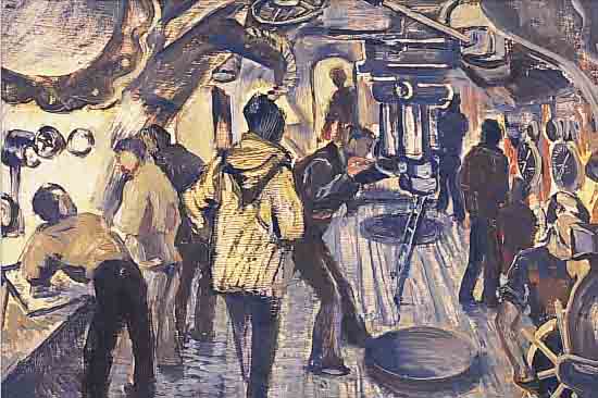 BELDER, RIENK HENDRIK, 1910-1986 AMSTERDAM, KOMMANDOZENTRALE DES U-BOOTES TYGERHAAI, ÖL/ HARTFASER, LI. U. SIGN., CA. 39 X 50 CM, R.
