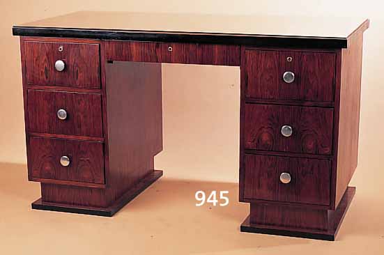 SCHREIBTISCH, ART-DECO, FRANKREICH, UM 1930, VENGE (TROPISCHES HOLZ), SCHWARZ ABGESETZT, MIT AUFGEGELEGTER GLASPLATTE, 7 SCHUBALDEN, 76 X 129 X ...