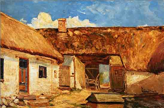 UNBEKANNTER MALER, UM 1900, INNENHOF EINES BAUERNHOFES, ÖL/LWD, UNSIGN., CA. 42 X 61 CM, R.