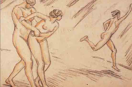 VON HOFMANN, LUDWIG, DARMSTADT 1861-1945, DIE FLUCH, KOLORIERTE BLEISTIFTZEICHNUNG, VORSTUDIE ZUR MAPPE EROS VON 1923, RE. U. MONOGR., CA. ...