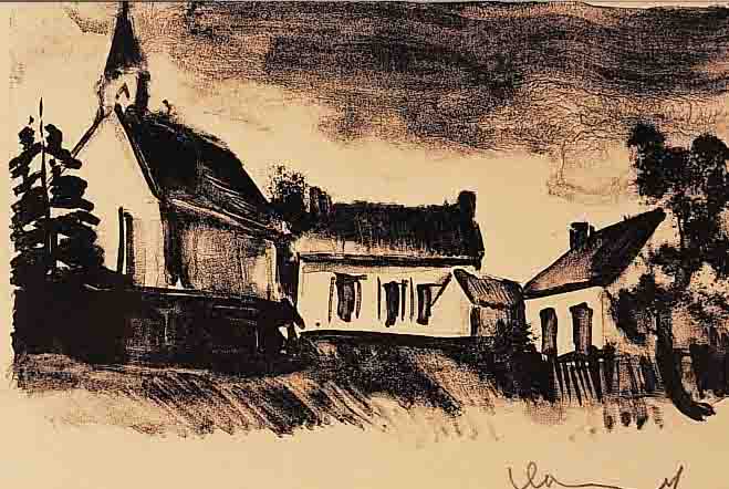 DE VLAMINCK, MAURICE, 1876-1958, DORFANSICHT, LITHOGRAPHIE, RE. U. HANDSIGN., CA. 9,5 X 16 CM, PP
