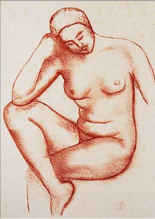 MAILLOL, ARISTIDE, 1861-1944, WEIBLICHER AKT, LITHOGRAPHIE IN ROT, RE. U. MONOGR., CA. 26 X 20 CM