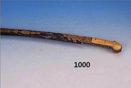 SCHWERT, OSMANISCH, DAT. 1234, 2. HäLFTE 18. JH., TAUSCHIERTE KLINGE, VERGOLDETE GRIFFMONTUREN, GRIFF BEIN, L. CA. 23.5 CM