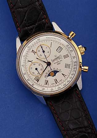 EBERHARD & CO. HERRENARMBANDUHR TACHYMETRE- CHRONOGRAPHE MECANIQUE, EDELSTAHL, LüNETTE 20 MICRON GOLDAUFL., HANDAUFZUGSWERK NR. 7768 ...