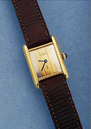CARTIER DAMENARMBANDUHR TANK, SCHWEIZ UM 1976, SILBER M. GG-AUFLAGE, BOMB. MINERALGL., SCHMUCKKRONE, TRICOLORZIFFERBL., BODEN 4-FACH SEITL. ...