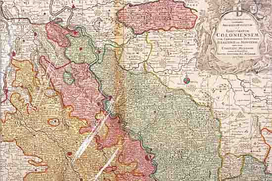 ALTKOLOR. KUPFERSTICH, K. V. M. SEUTTER, CA. 1740, MAPPA GEOGRAPHICA CONTINENTS ARCHIEPISCOPATUM ET ELECTORATUM ...