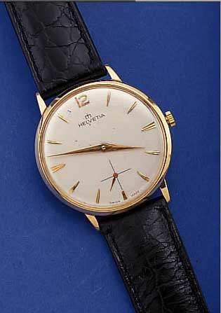 HELVETIA HERRENARMBANDUHR, REF.-NR. 333, SCHWEIZ UM 1965, ROSE-G. 750/000, BODEN U. GLASR. GEDR., NUTZSP. WURDEN üBERARB., VERS. BLATT, ...
