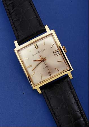 GIRARD PERREGAUX HERRENARMBANDUHR GYROMATIC, REF.-NR. 2220, SCHWEIZ UM 1964, GG 750/000, CARREE-GEH., BODEN GEDR., BLATT VERS., ZUM RAND ZU L. ...