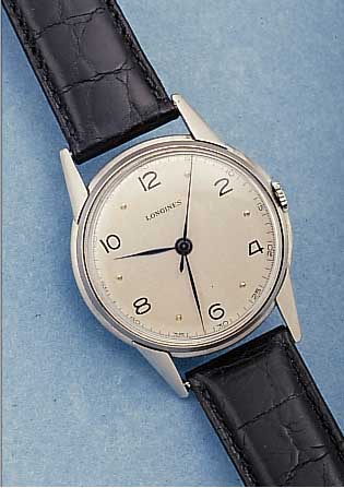 LONGINES HERRENARMBANDUHR, REF.-NR. 3501/8, SCHWEIZ UM 1946, EDELST., BODEN U. GLASR. GE- DR., BLATT REST., GEBL. ORIG.-STAHLZEIGER, 17 ST., ...
