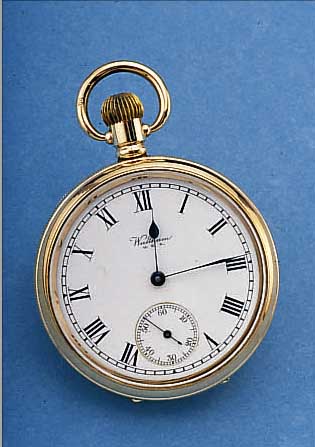 WALTHAM HERRENTASCHENUHR LEPINE, REF.-NR. 218618, USA UM 1930, METALLGEH. M. ROSE-G.- AUFL. VON DENNISON, 2-TEIL. EMAILBL. SIGN., GEBL. ...