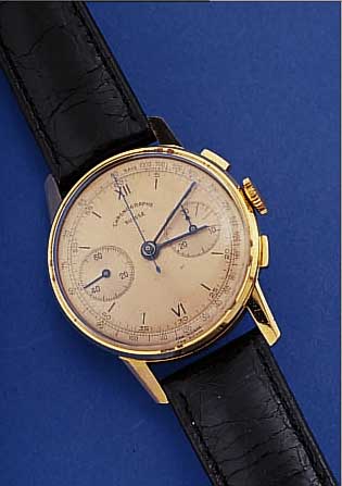 LANDERON ARMBANDCHRONOGRAPH, SCHWEIZ UM 1952, METALL HARTVERG., EDELST.-BODEN U. GLASR. GEDR., 30-MIN.-STOPPZäHLER, GEBL. ...