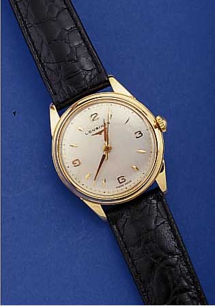 LONGINES HERRENARMBANDUHR, REF.-NR. 6151/1/ 48, SCHWEIZ UM 1954, GG 750/000, BODEN GESCHR.BLATT REST., 17 ST., RUNDANKERW., HANDAUFZUG- KAL. 23Z, ...