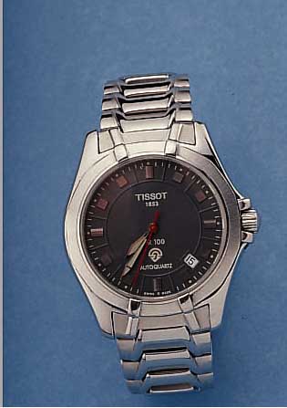 TISSOT HERRENARMBANDUHR AUTOQUARTZ/PR100, SCHWEIZ UM 1998, EDELST., EDELST.-BAND, TEILW.POL., BEIDS. SAPHIRVERGL., BODEN U. KRONE GE- SCHR., BEI ...