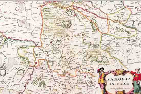 KONVOLUT VON 2 BLATT, MIT KUPFERSTICHK. V. NIEDERSACHSEN: 1.) KOLOR. KUPFERSTICHK. V. J. JANSONIUS, CA. 1650, SAXONIAE INFERIORIS MIT ...