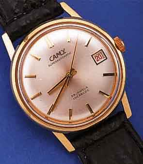 CAMY HERRENARMBANDUHR SUPERAUTOMATIK, REF.- NR. 56, SCHWEIZ UM 1964, GG 750/000, BODEN GESCHR., 25 ST., BASISKAL. ETA 2472, INCABL., LEDERB. NEU, ...