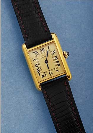 CARTIER DAMENARMBANDUHR TANK, SCHWEIZ UM 1977, STERLINGSILBER HARTVERG., BODEN SEITL. 4-FACH VERSCHR., SCHMUCKKRONE, CREMEFARB. BLATT, ...