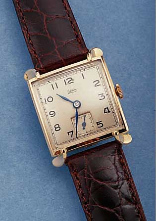 LIBAN HERRENARMBANDUHR, REF.-NR. 9894, SCHWEIZ UM 1947, ROSE-G. 750/000, CARREE-FORM M. BET. BANDANST., BODEN GEDR., KL. SEK. VERT.GEBL. ...