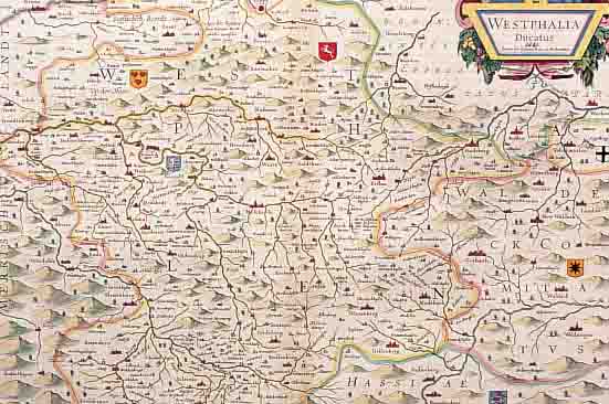 KOLOR. KUPFERSTICHK., B. BLAEUW, CA. 1680, WESTPHALIA DUCATUS MIT PRACHTVOLL KOLOR. KARTUSCHE RE. O., TADELLOSES EXEMPLAR OHNE ...