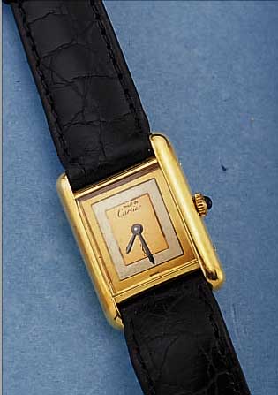 CARTIER DAMENARMBANDUHR TANK, SCHWEIZ UM 1975, NACHVERG., SCHMUCKKRONE, TRICOLORZIFFER-BL., BOMB. MINERALGL., BODEN SEITL. 4-FACH VERSCHR., ...