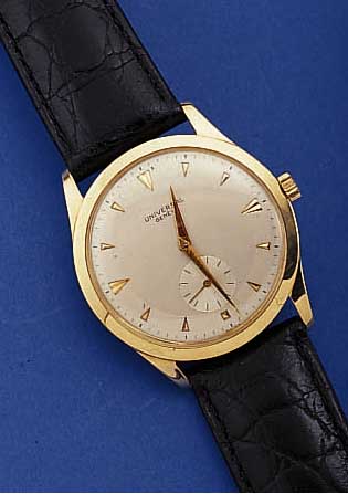 UNIVERSAL GENEVE HERRENARMBANDUHR, REF.-NR. 109508/3, SCHWEIZ UM 1964, GG 750/000, BODEN GEDR., METALLCUV. ZUR ARMIERUNG, GUILL. U. VERS. BLATT, ...