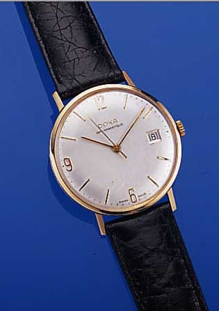 DOXA HERRENARMBANDUHR ANTIMAGNETIC, SCHWEIZ UM 1962, GG 585/000, GLASR. GEDR., BLATT REST.17 ST., HANDAUFZUGKAL. 45, RINGUNR., FLACH- SPIR., ...