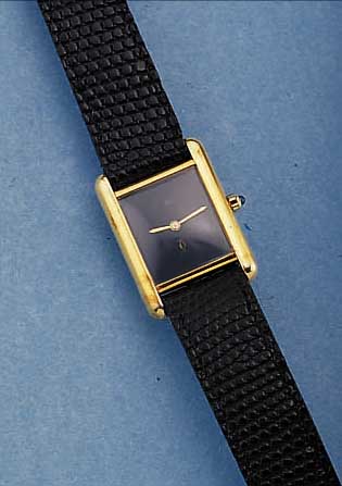 CARTIER DAMENARMBANDUHR TANK, SCHEIZ UM 1985, STERLINGSILBER, GG-AUFLAGE, HIGH-TECH- QUARTZWERK, SCHMUCKKRONE, ORIG.-LEDERB., BODENSEITL. ...
