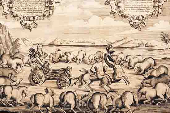 KONVOLUT 4 BLATT, MIT PRACHTVOLLEN PFERDEDARSTELLUNGEN AUS CAVENDISH W. DUKE OF NEWCASTLE NüRNBERG ZIEGLER UND LEHMANN, CA. 1700: 1.) ...