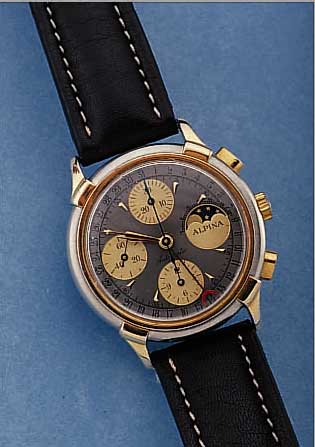 ALPINA ARMBANDCHRONOGRAPH AUTOMATIK, SCHWEIZ/DEUTSCHL. UM 1988, EDELSTAHL MATT., LüN. WIE DRüCKER U. KRONE. U. BANDANSTößE ...
