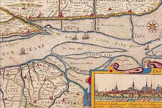 2 BLATT MIT KOLOR. KUPFERSTICHEN AUS THEATRUM EUROP., 1.) KOLOR. KUPFERSTICH AUS TH. EUROPäUM, CA. 1633, NOBILIS FLUVIUS ALBIS, MIT ...