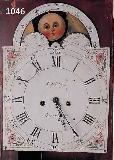 STANDUHR, ENGLAND, UM 1800, MAHAGONIFURNIER MIT BANDINTARSIEN, IM SOCKEL U. MITTELTEIL AB-GESCHRäGT, PROFILIERT, FüßE SEK., SPRENGGIEBELMIT ...