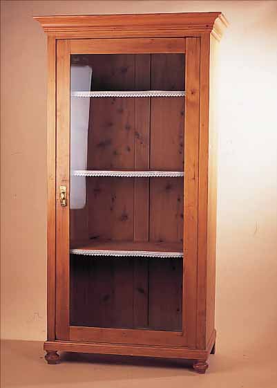 VITRINENSCHRANK, DT., UM 1900, WEICHHOLZ, 1 GLASTüR, 3 BöDEN, RüCKWAND MIT RESTE ALTEN WURMBEFALLS, CA. 194X101X55 CM