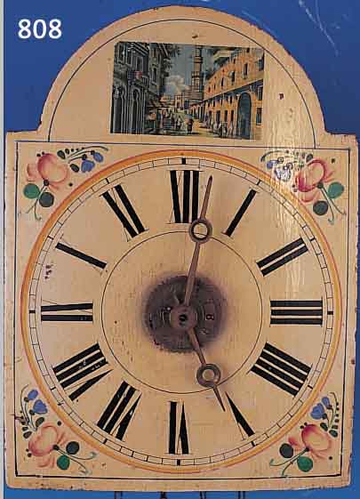 SCHILDERUHR MIT WECKER, SCHWARZWALD UM 1880/ 1900, FLORAL BEMALTES BOGENZIFFERBLATT, IM GIEBEL ORIENTALISCHE STRAßENSZENE, HOLZPLATI- NENWERK, ...