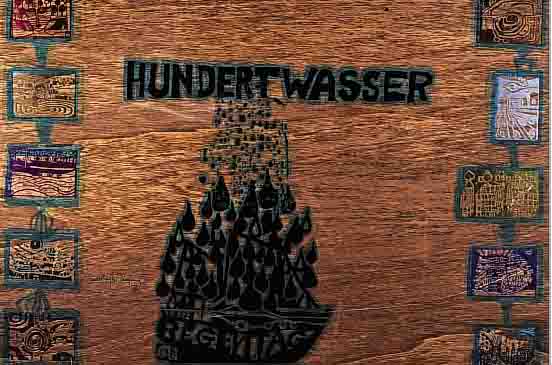 HUNDERTWASSER, FRIEDENSREICH, EINBAND ZUR REGENTAG-MAPPE, HOLZ BUNT BE- DRUCKT, INNEN HANDSIGNIERT UND NUM. 2889/3000,CA. 55 X 72 ...