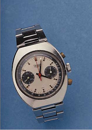 HEUER ARMBANDCHRONOGRAPH, SCHWEIZ UM 1969, EDELSTAHL, NEUTR. EDELST.-BAND, BOD. GESCHR., 30 MIN. STOPPZäHLER,, 17 ST., HANDAUFZ., KAL. VALJOUX ...