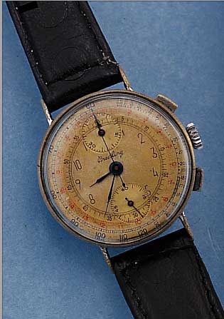 BREITLING ARMBANDCHRONOGRAPH, SCHWEIZ UM 1942, METALL VERCHR., EDELST.-BOD. U. GLASR. AUFGEDR., GEH.-NR. 422194, ORIG. BL. U. ZEIGERFL., GEH. ...
