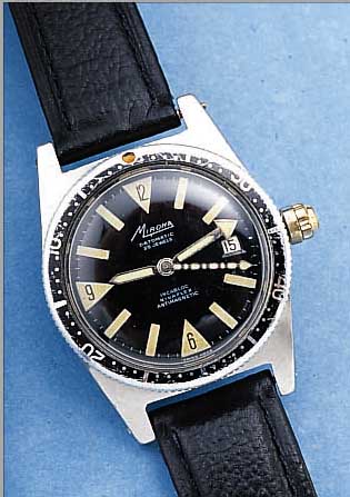 MIRONA TAUCHERARMBANDUHR DATOMATIC, REF.-NR.297881, SCHWEIZ UM 1967, EDELST., BODEN GE- SCHR., SPEZIALDRUCKKRONE, LüNETTE BEIDS. DREH-B., ...