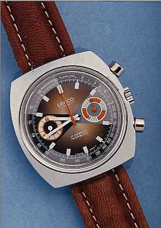 LANCO ARMBANDCHRONOGRAPH, SCHWEIZ UM 1968, MASSIV METALL HARTVERCHR., EDELST.-SCHR.- BODEN, 30-MIN.-STOPPZäHLER, TELE- U. TACHYME- ...