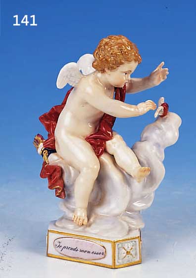PORZELLANFIGUR, MEISSEN, UM 1870/80, DEVISENKIND, ENTWURF 1775 ACIER, SCHöNE BUNTE BEMALUNG, GOLDSTAFFAGE, REST., H. CA. 14 CM
