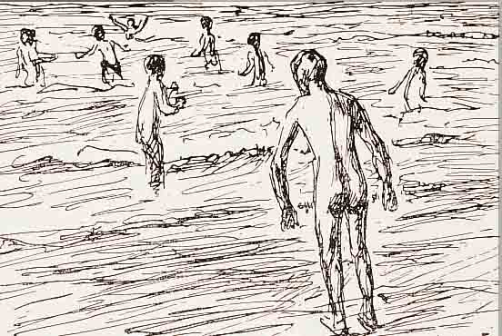 LIEBERMANN, MAX, 1847-1935, BADENDE, LITHOGRAPHIE, IM DRUCK SIGN., CA. 9 X 13 CM