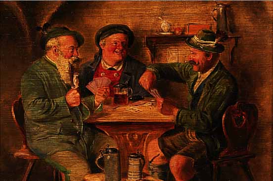 MüLLER, CARL, MüNCHNER MALER, MäNNER BEIM KARTENSPIEL, ÖL/HOLZ, LI. U. SIGN., CA. 20 X 27 CM, R. BESCH.